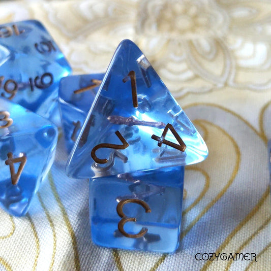 Wizard's Magic Wand Dice Set – 7 - Piece Blue Resin with Wands DnD Dice - Fennek and Finch