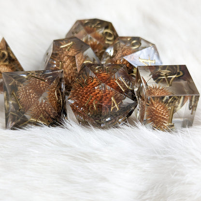 Xanthium 7 piece sharp edge dice set featuring prickly Cockleburs and pheasant feathers on a soft white background.