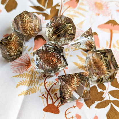 Xanthium Sharp Edge Dice Set – 7 - Piece Cocklebur Feather DnD Dice | Fennek & Finch - Fennek and Finch