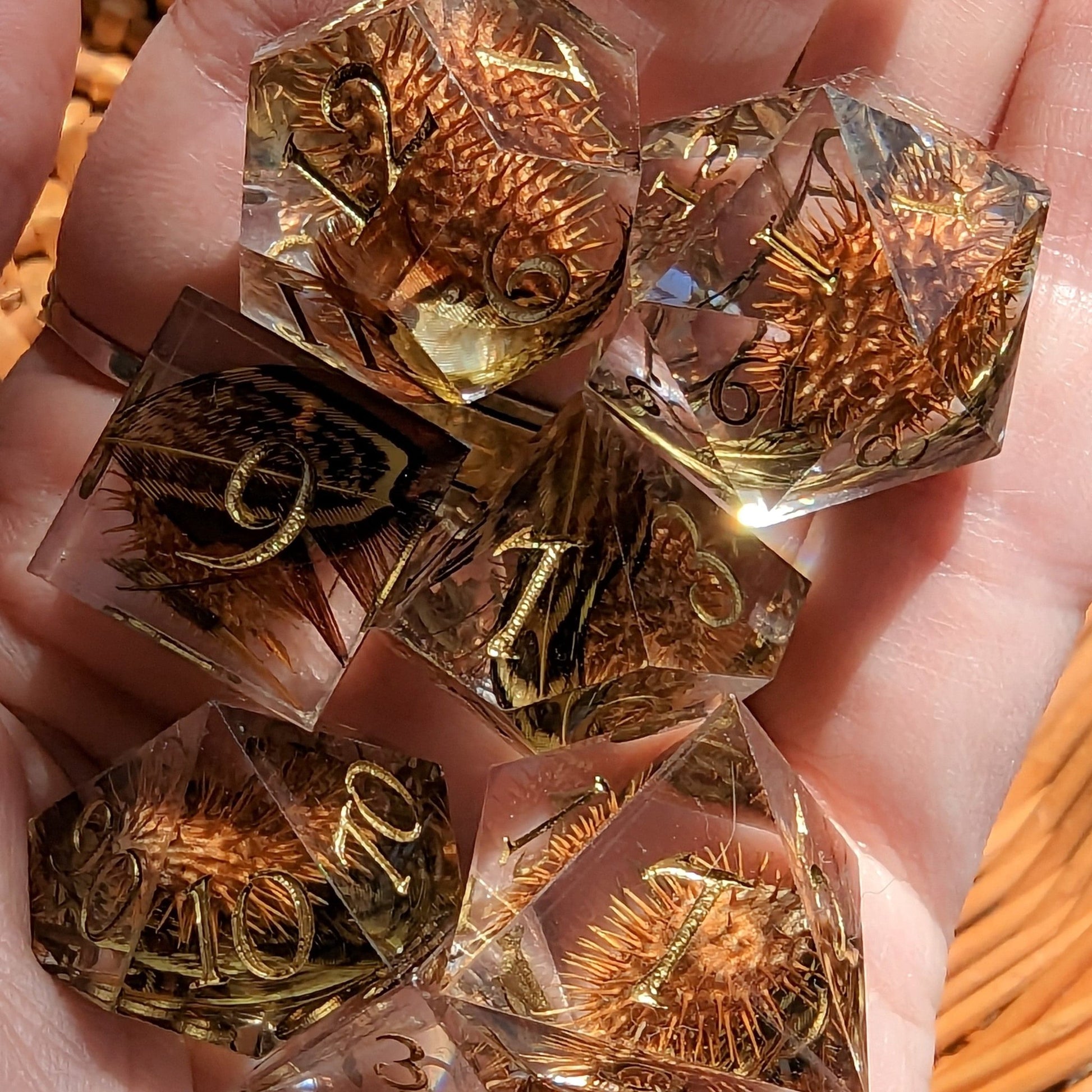 Xanthium Sharp Edge Dice Set – 7 - Piece Cocklebur Feather DnD Dice | Fennek & Finch - Fennek and Finch