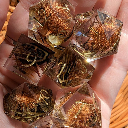 Xanthium Sharp Edge Dice Set – 7 - Piece Cocklebur Feather DnD Dice | Fennek & Finch - Fennek and Finch