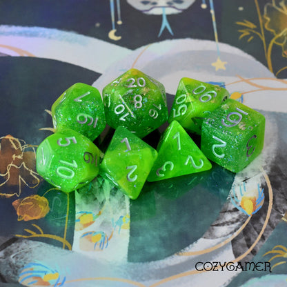Yellow and Green Seabed Treasure Dice Set. Opaque and Clear Marbled with Foil and Glitter