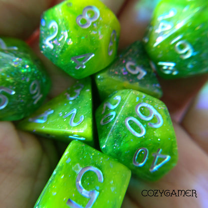 Yellow and Green Seabed Treasure Dice Set. Opaque and Clear Marbled with Foil and Glitter