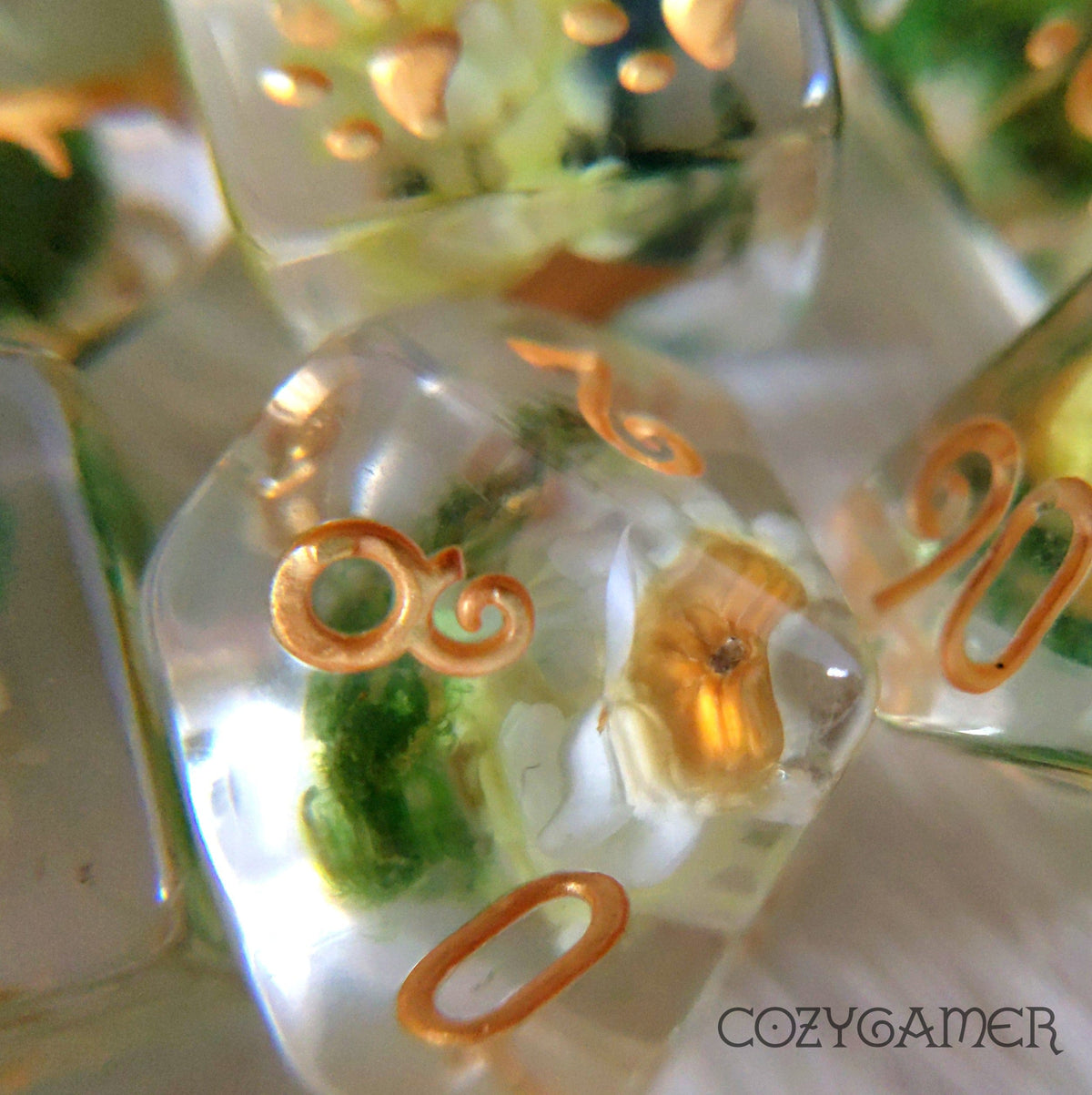Yellow Flower and Moss Dice Set. 8 Piece Dried Floral Dice Set Dice sets Fennek and Finch