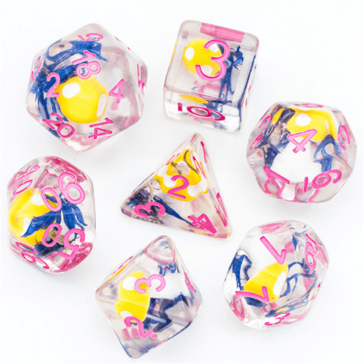 Yellow Mushroom and Blue Flower Dice Set – 7-Piece Botanical DnD Dice Dice Sets & Games Fennek and Finch